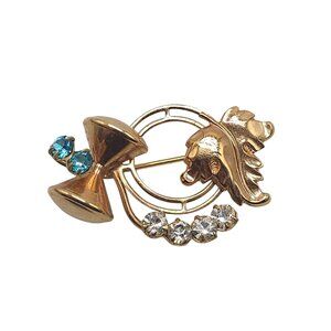 Vintage Gold Tone Brooch With Blue Clear Rhinestones Bow Leaf Design